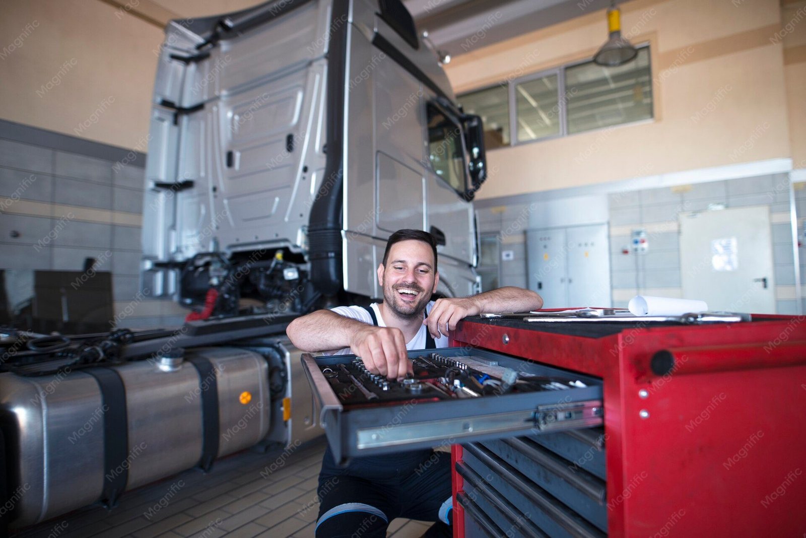 fitter mounting a toolbox in the workshop